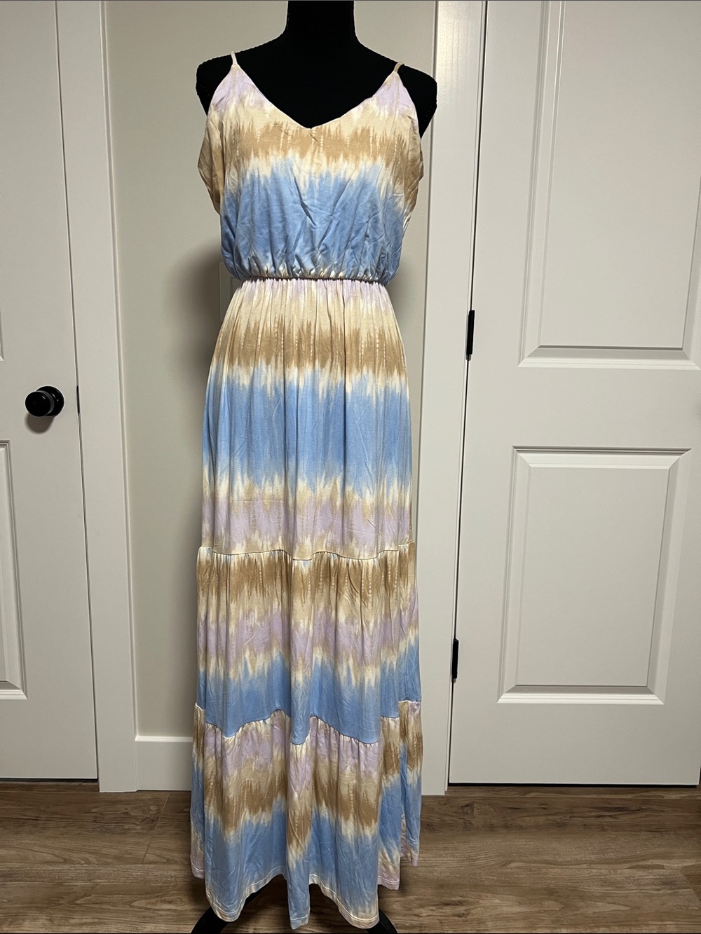 Lush Women's Tie-Dye Maxi Dress in Blue, Tan & Lavender